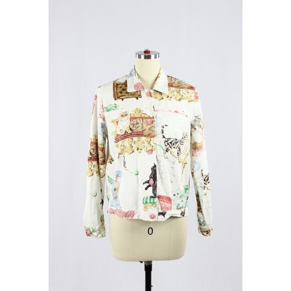 Vintage 00's FENINI White Cat Print Rhinestone Cotton Twill Jacket, Size S - Picture 1 of 16